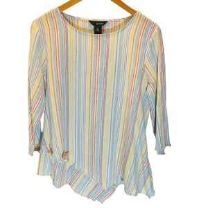 Ali Miles Linen Blend Multicolor Striped Asymmetrical 3/4 Sleeve Blouse